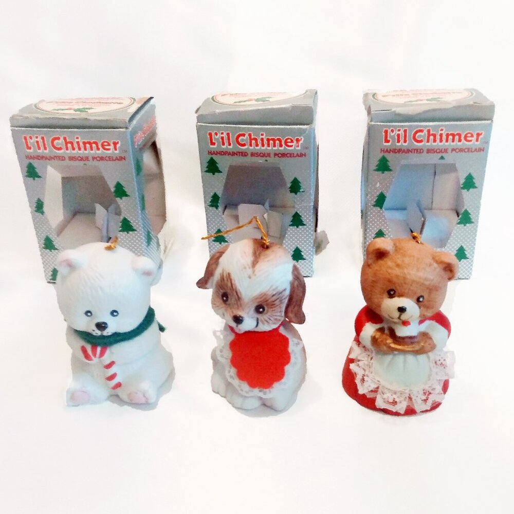 Vintage L'il Chimers Bisque Porcelain Christmas Bell- Lot Of 3-Org. Boxes
